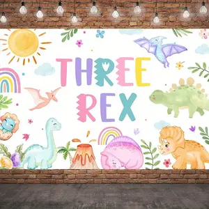 1PC,2D Flat Cute Dinosaur Themed Three Rex 3rd Birthday Backdrop, Cartoon Jurassic Dinosaur Birthday Party Decor Banner, Baby First Birthday Photo Background Cloth, Children's Birthday Party Decorati