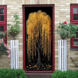 2 Golden Weeping Willow Money Tree Wall Sticker Chinese Style Wealth Luck Decor Self Adhesive Removable Living RoomBackground Wall Decoration New Year Festival Home Decor Modern Minimalist House Ornamen