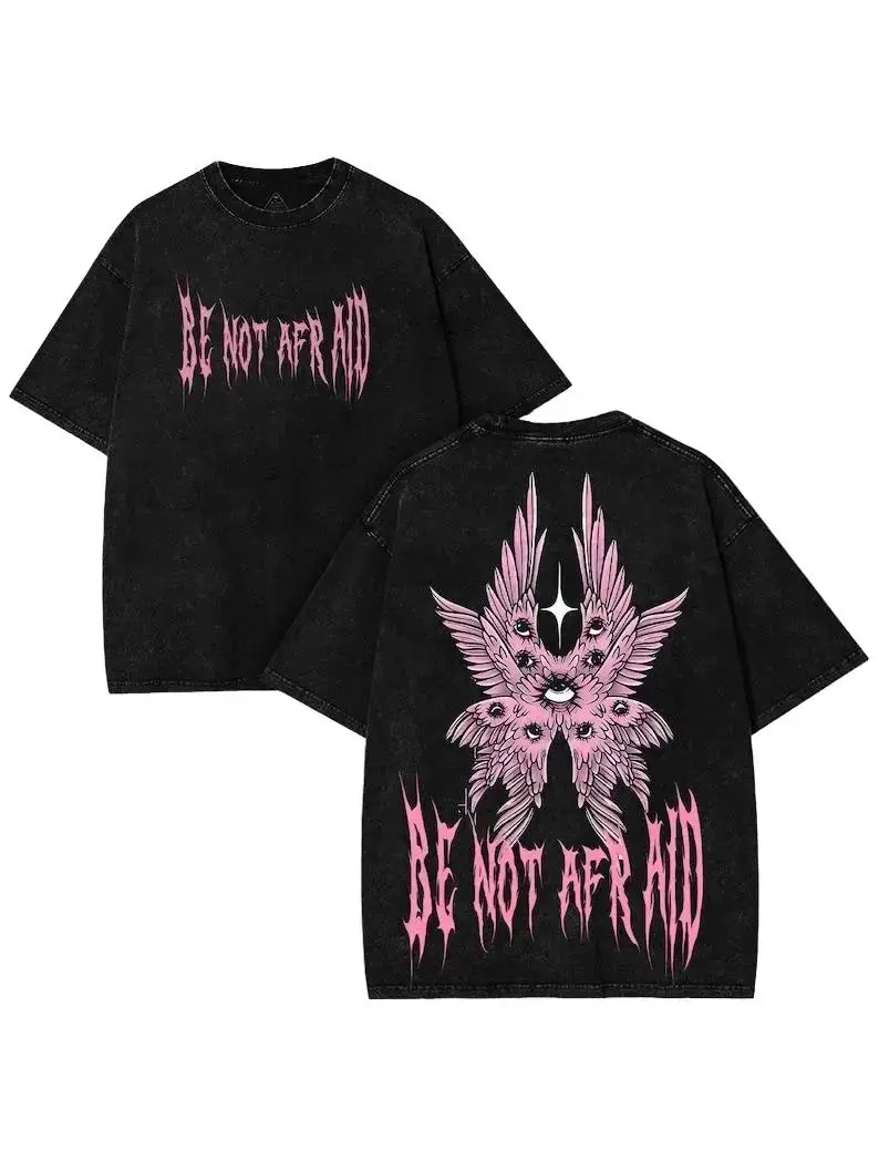 Vintage Washed Double Sided Be Not Afraid Seraphim Angel Eye Wing Graphic Tee,Oversized Dark Religious Shirt,Y2K Gothic Spiritual Short Sleeve For Alt Faith Fans Unisex Relaxed Fit Stylish Streetwear