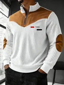 Men's Half-Zip Color Block Long Sleeve Top with Paris Print, Casual Polyester Shirt for Daily Wear in Fall & Spring, Fitted Geometric Style