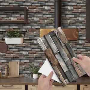 6/12/24/48PCS/Box FG-L European Retro Brown Grey Mix 3D Stacked Stone Peel and Stick Tile, PVC Crystal Film Waterproof Oil-Proof Removable Wall Sticker for Kitchen Bathroom Floor