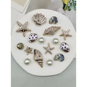 16pcs Ocean Nautical Style Starfish & Seashell Shoe Charms, Rhinestone Conch Decorations