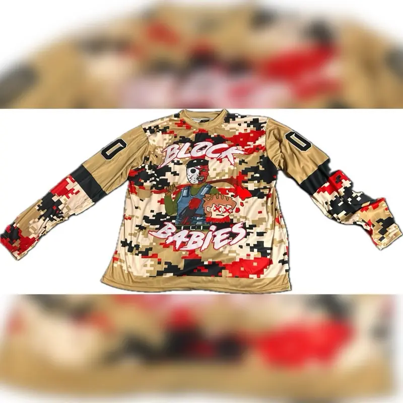 Block Babies Brown Camouflage Team Jersey - Long Sleeve Design with Graphic Print Featuring "BLOCK BABIES EST." and Character Illustrations