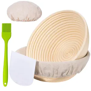 Banneton Bread Proofing Basket | 9 Inch Set of Two Round Bread Proofing Baskets with liner, Plastic Scraper & Oil Brush | Ideal Gift for Bakers