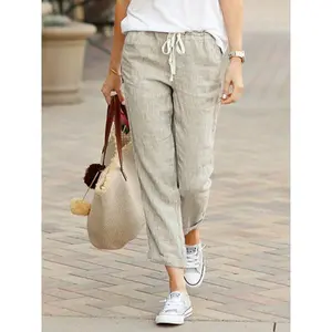 NewSpring and Autumn new solid color loose casual drawstring elastic waist cotton and linen trousers Can be used with raincoat
