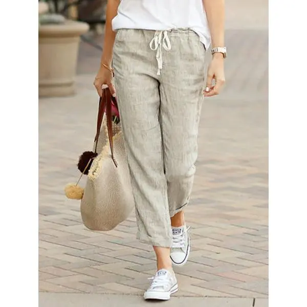 NewSpring and Autumn new solid color loose casual drawstring elastic waist cotton and linen trousers Can be used with raincoat