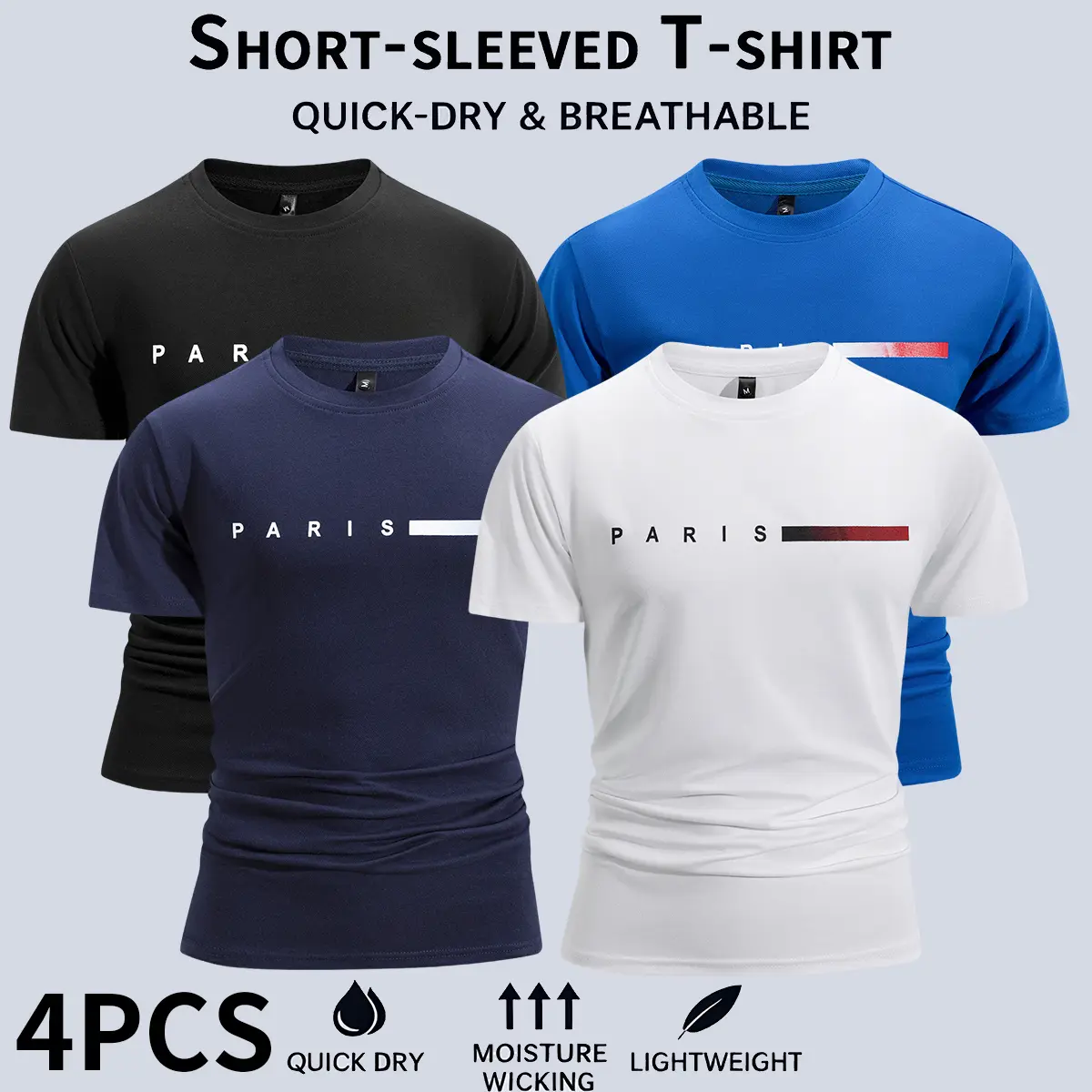 4-Pack Men’s Casual Breathable T-Shirts — Ideal for outdoor casual wear; stylish men’s casual sports T-shirts with a solid color design, lightweight fabric, breathable crew neck, regular fit