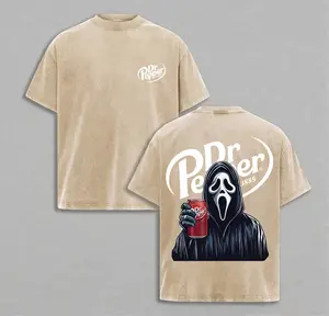 Ghost Face Horror Double-Sided T-Shirt for Men & Women, Washed Batik Retro Thick Cotton, Loose Fit, Round Neck, Short Sleeve, Ideal for Couples, Summer Streetwear