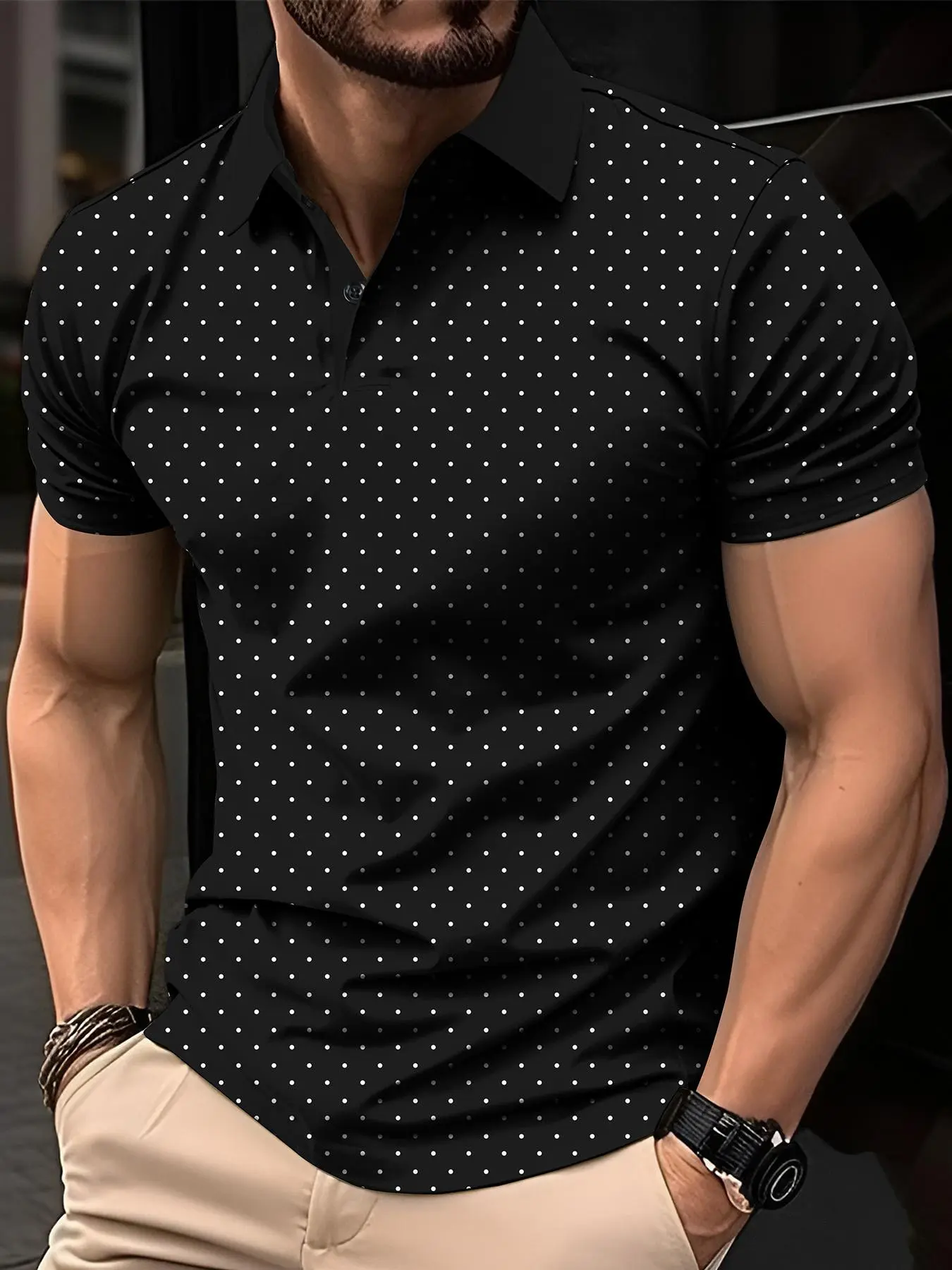 Men's Polka Dot Print Short Sleeve Knit Polo Shirt, Casual Regular Fit Button Front Top for Summer, Fashion Men's Clothes for Daily Wear, Menswear
