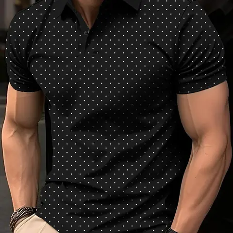 Men's Polka Dot Print Short Sleeve Knit Buttoned Polo Shirt, Casual Regular Fit Button Front Top for Summer, Fashion Men's Clothes for Daily Wear, Menswear