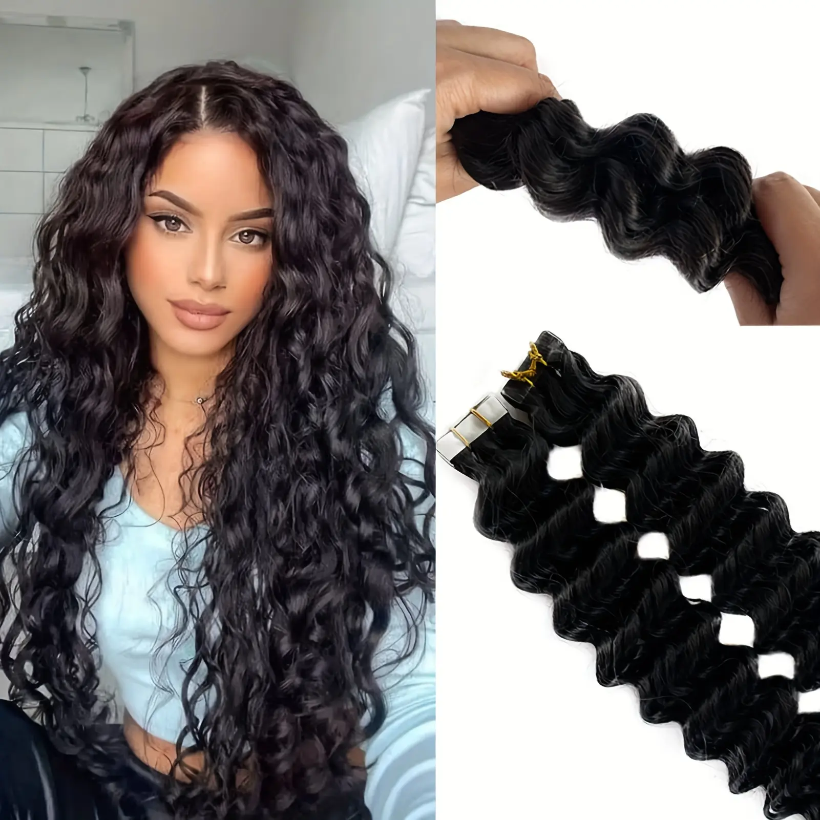 2025 Hot Deep Wave Tape In Human Hair Extensions Natural Color Remy Hair Extensions 16-26Inch Light Beige Weft Adhesive Invisible Tape in Hair 40G