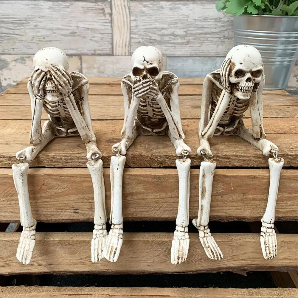 3-Piece Creepy Cute Resin Skeleton Figurine - Skull Decor, Halloween Ideas Collectible Figurine, Living Room Home Decor Accent Gift for Friends, Collectible Figurines