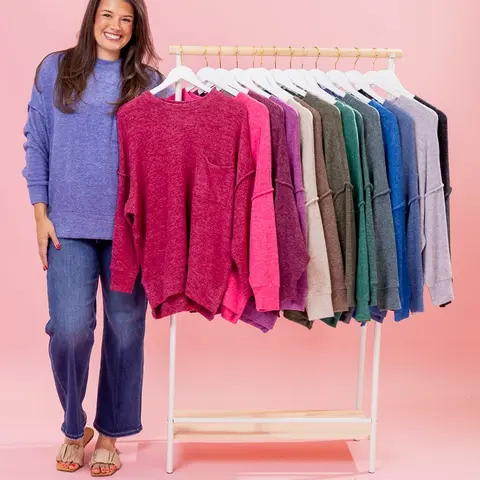Women's Zenana Luxe Hacci Comfy Knitwear Sweatshirt - Relax Fit, Drop Shoulder, Pocket, Spandex Blend Tops - S/M to 2X/3X