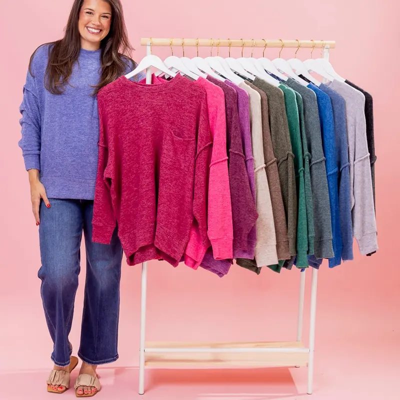 Women's Zenana Luxe Hacci Comfy Knitwear Sweatshirt - Relax Fit, Drop Shoulder, Pocket, Spandex Blend Tops - S/M to 2X/3X