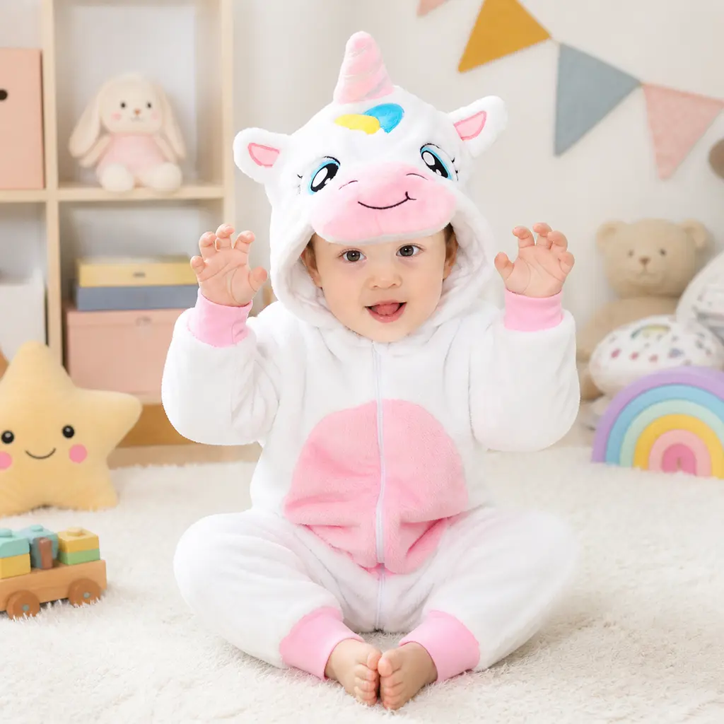 Baby Unicorn Onesie Costume Fleece Hooded Zipper Animal One‑Piece Romper, Soft Warm Halloween Christmas Cosplay Sleepwear Jumpsuit Outfit for Infant Toddler Girls Boys