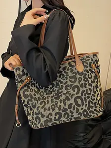 Women's Leopard Print Tote Bag, Large Capacity Retro Shoulder Bag, Casual Versatile Commuter Handbag, Fashionable Shopping Bag