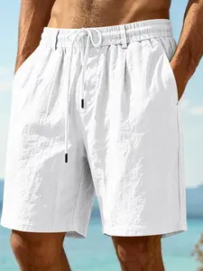 Men's Linen Drawstring Casual Shorts, Breathable Loose Fit Five-Quarter Pants, Beach Vacation Swim Trunks, Daily Commute Fashion, Casual Relaxed Shorts