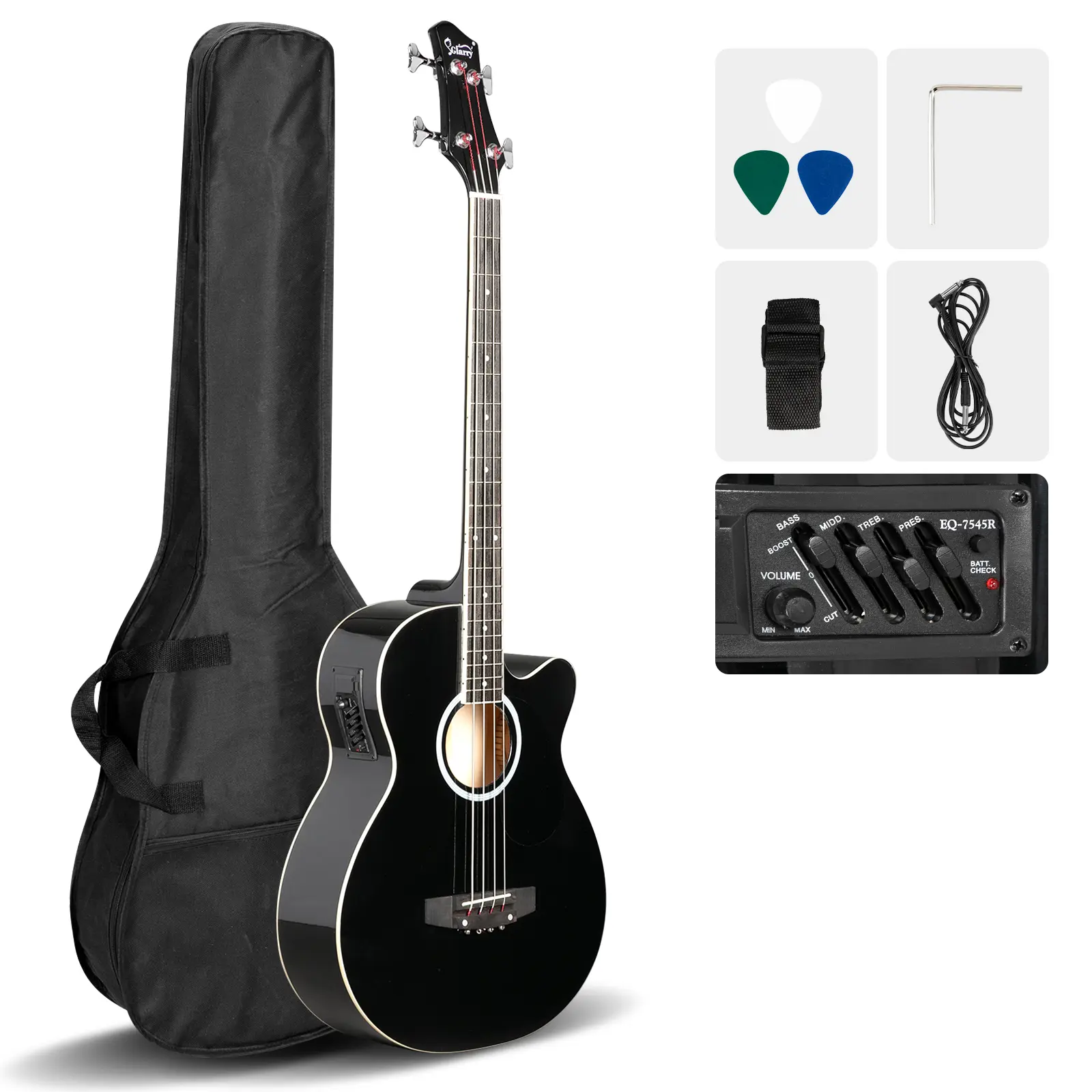 101 4-String Electric Acoustic Bass Guitar Pack, Basswood Top, 4-Band EQ-7545R Equalizer, Black Beginner Accessory Kit with Strap and Wrench Tool