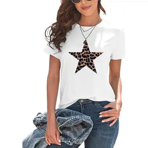 Women's Leopard Print Star Graphic T-Shirt Casual White Short Sleeve Crew Neck Top Cute Animal Print Tee For Daily Outfit Streetwear