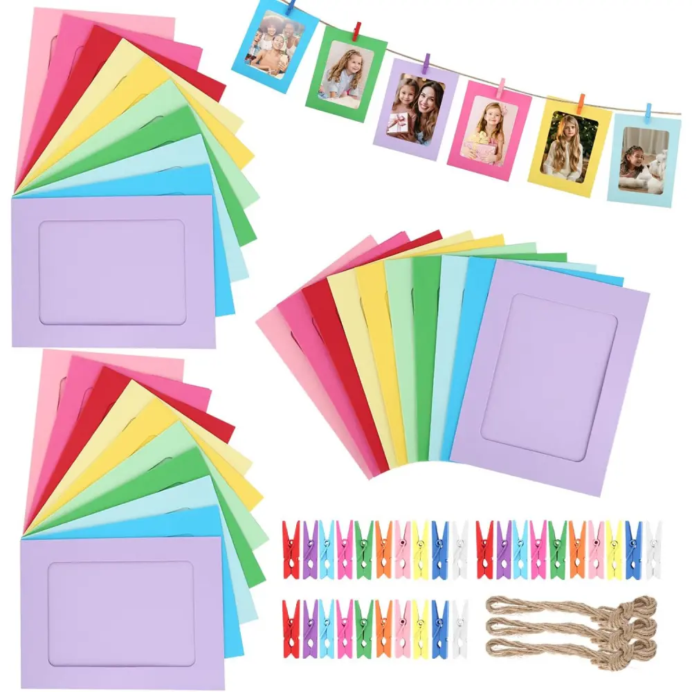63pcs of Creative Paper Picture Frame & Clips Kit - 30 Paper Photo Frames, 30 Wooden Clips and 3pcs 2m Hemp Rope, 11.5x15.5cm Colourful Picture Frames, Cardboard Picture Frame For Home, School, Birthday Wedding Party Decoration