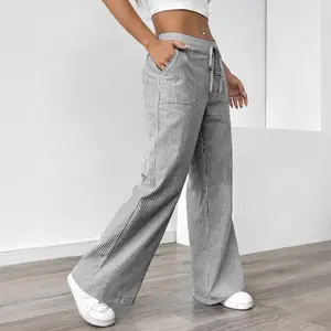 Women's Plaid Wide-Leg Pants, Casual Loose Straight Fit Adjustable Drawstring Waist Pockets Loungewear, Home Sleepwear for Spring