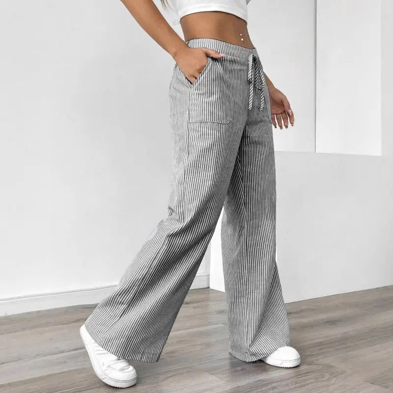 Lady's Chic Plaid Wide-Leg Pants - Women's Casual Loose Straight-Fit Bottoms with Adjustable Drawstring Waist, Pockets, Everyday Loungewear Pajama for Spring, Top, Plus Size