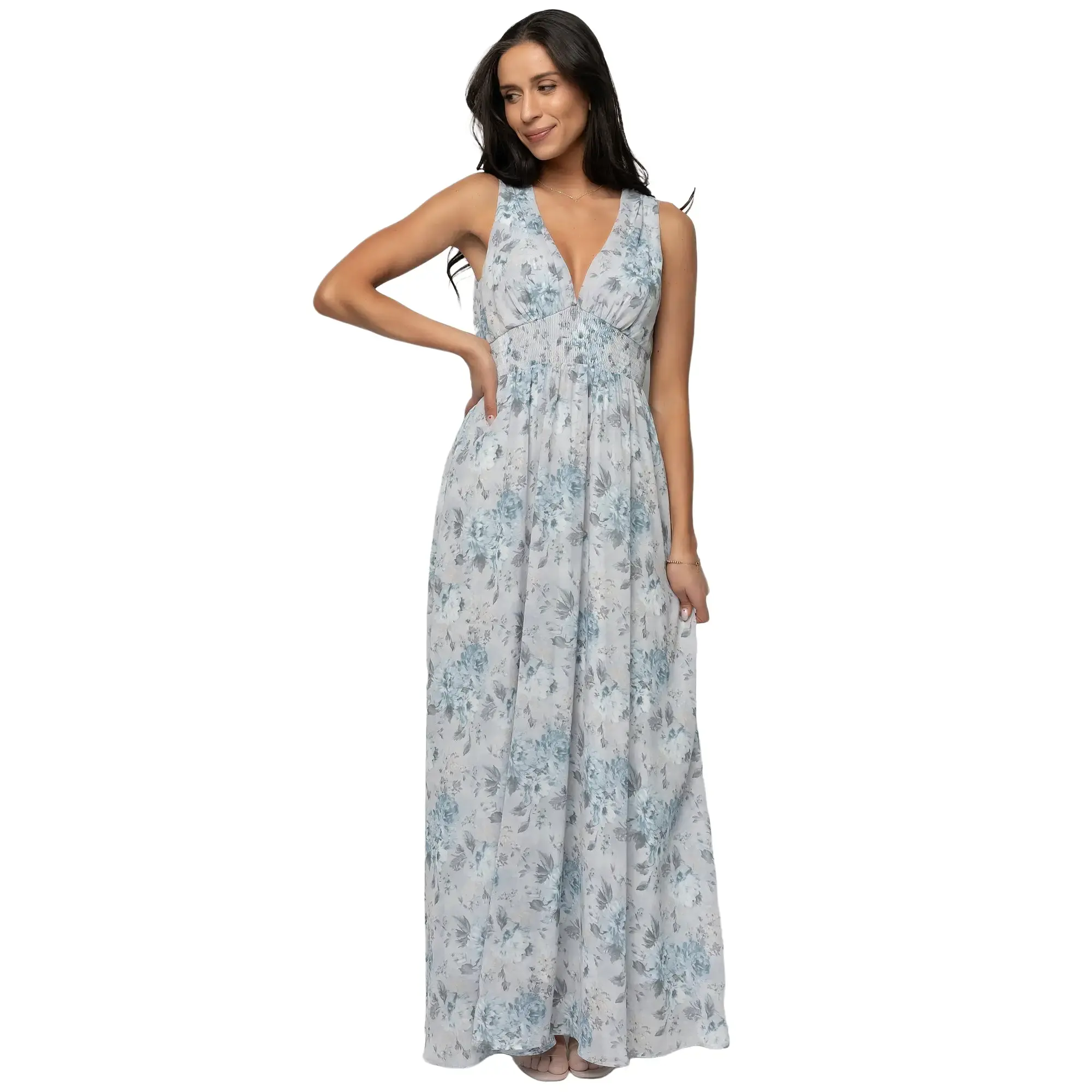 Women's Maternity Imogen Maxi Dress - Deep V-Neck, Light Blue Floral, Chiffon-Polyester Blend, Smocked Style, Wedding Casual Wear