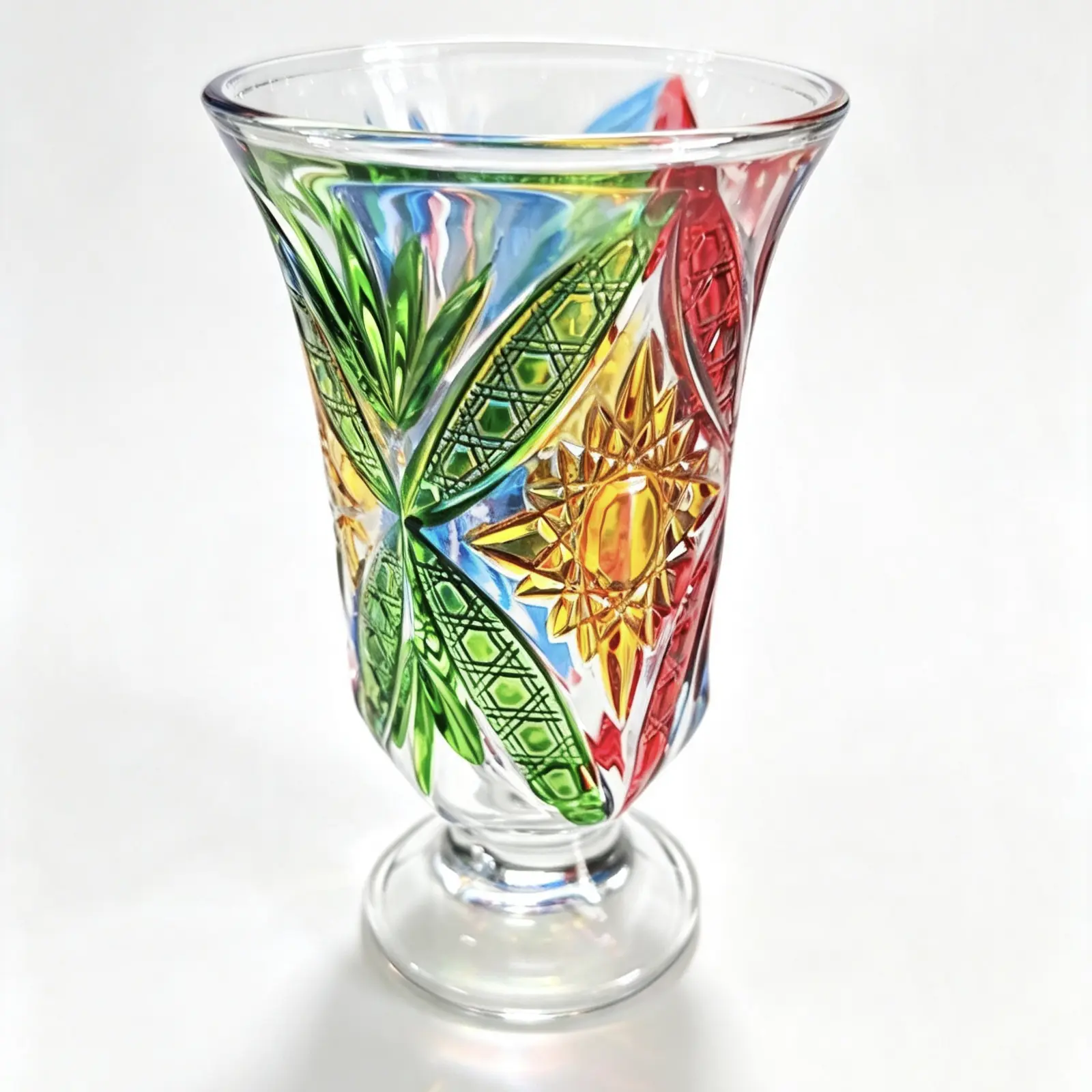 Vibrant Painted Colored Glass Cup, Vintage Cut Pattern Goblet for Drinks Table Decor Gift
