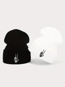 Couple Knit Beanie Hat, Skeleton Fingers Embroidery, Winter Cuffed Hat, Unisex Casual Style, Perfect Gift for All Occasions
