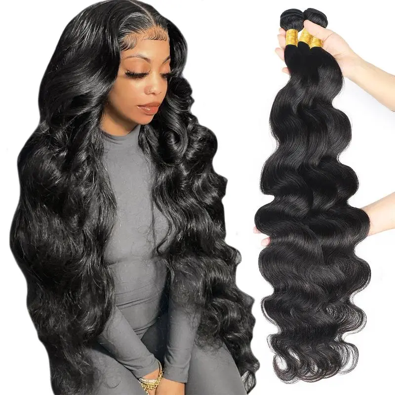 Raw Virgin Human Hair Body Wave Bundles - 100g Double Drawn Ultra-Flat Weft Extensions with Thick Ends for Quick Weave, Hair Bundles