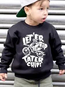 Boys' Cotton Round-Neck Hoodie - Spring & Autumn Loose Leisure Long-Sleeve Pullover, Cartoon Motorcycle Boy Print, "LET'ER Rip TATER CHIP!" Slogan