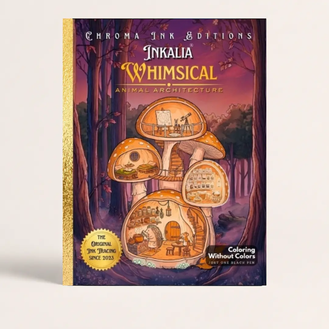 Inkalia Whimsical Animal Architecture Vol. 2: Cozy Animal Homes & Hygge Spaces. Ink Tracing Coloring Book for Adults and Teens: Bold and Easy Stress Relief Activity Books