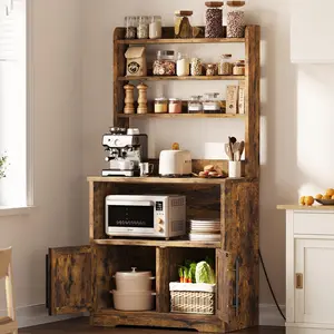 Garvee and Garvee Bakers Racks with Power Outlets, Thickened Countertops, Freestanding Microwave Stands, Large Storage Cabinets, Easy Assembly, Ideal for Kitchen and Dining Rooms, Available in Retro Brown and White