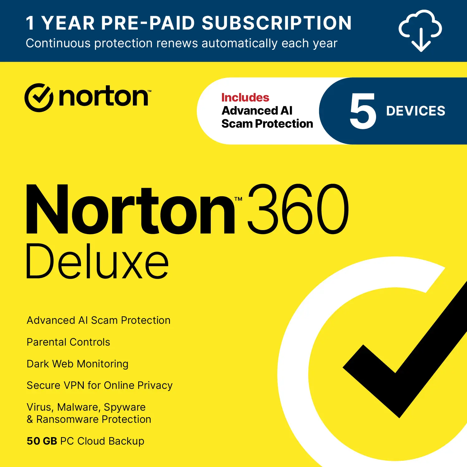 Norton 360 Deluxe Security Suite - 5-Device Multi-Platform Antivirus Software with Auto-Renewal, Advanced AI Scam Protection, VPN Private Browsing, Dark Web Monitoring, ESD Edition [Digital Download, Email Delivery]