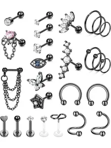 Versatile 26 Pcs Black Exquisite Piercing Jewelry Set 16G Cartilage Stainless Steel Earrings for Women Men Fashionable Tragus Piercing Jewelry Conch Stud Hoop Earrings Hypoallergenic CZ Butterfly Heart Evil Eye Conch Helix Cartilage Piercing Jewelry