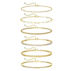 Tewiky 6pcs Anklets For Women Layered Cuban Link Chain Anklets Love Herringbone Cute Anklets Set Summer Beach Jewelry Gift