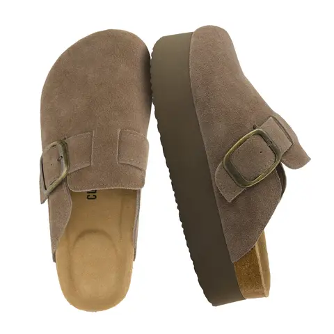 Cushionaire Granola Genuine Suede Platform Clogs for Women | Comfy Adjustable Buckle Slip-On Mules with Cushioned Cork Footbed | Comfortable Leather Clogs with Wide Widths Available