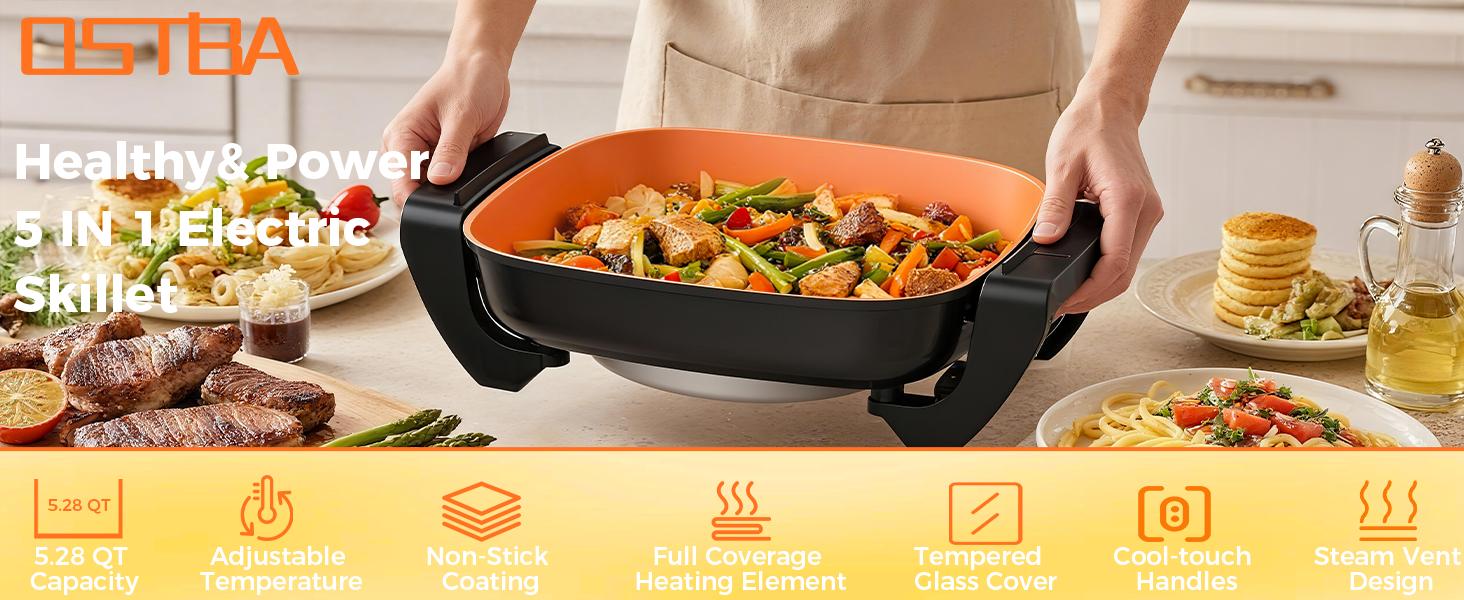OSTBA Electric Skillet and Frying Pan with Glass Lid, 12"x12" Copper Nonstick Electric Pan for Cooking, 1500W Power, Cool Touch Handles, Adjustable Temperature, PTFE & PFOA Free