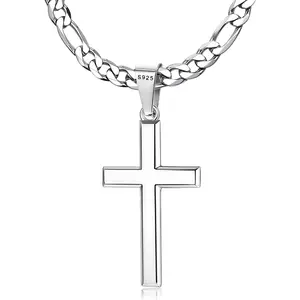 MILACOLATO 925 Sterling Silver Cross Necklace for Men Women, 5mm 316L Stainless Steel Diamond-Cut Durable Figaro Link Chain or Cuban Link Curb Chain for Men, Mens Silver Crucifix Cross Pendant Necklaces Jewelry 16-30 Inches