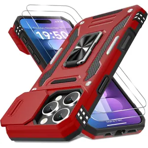 Case for iPhone 16 Pro with Slide Camera Cover+Screen Protector(2 Packs), Rotated Ring Kickstand Military Grade Shockproof Protective Cover-Red