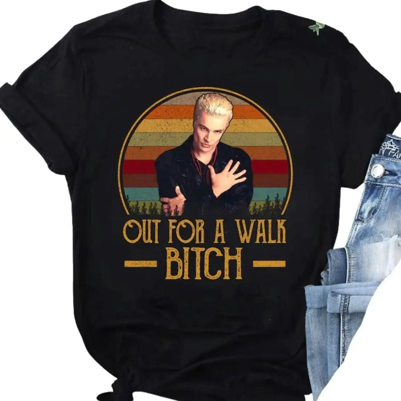 Out For A Walk Bitch Vintage T-Shirt, Spike Shirt, Buffy The Vampire Slayer Shirt, Fantasy Movie Shirt, Buffy Shirt, TV Series Shirt Womenswear Breathable Hoodie Oversize Tops Tshirt Streetwear Fabric TZ2 3HF
