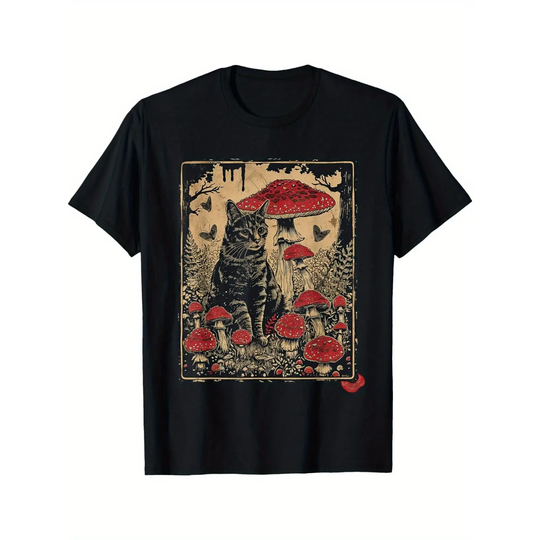[100% Cotton] [Sitting Cat On Poison Mushroom Tee] Pastoral Cat T-Shirt Sitting On Poison Mushroom T-Shirt For Men And Women