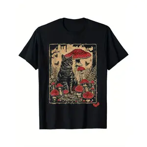 [100% Cotton] [Sitting Cat On Poison Mushroom Tee] Pastoral Cat T-Shirt Sitting On Poison Mushroom T-Shirt For Men And Women 🥇