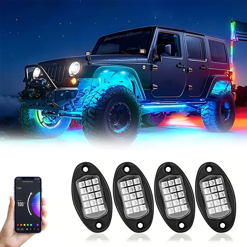 4 RGB LED Rock Light Pods, High-End 12V Car Underglow Decor Lights with Bluetooth-Compatible iOS APP Control, Adjustable Color Changing, Music Mode, IP68 Waterproof, Fit for Trucks SUV Off Road, Valentine's Gift Idea, Golf Cart