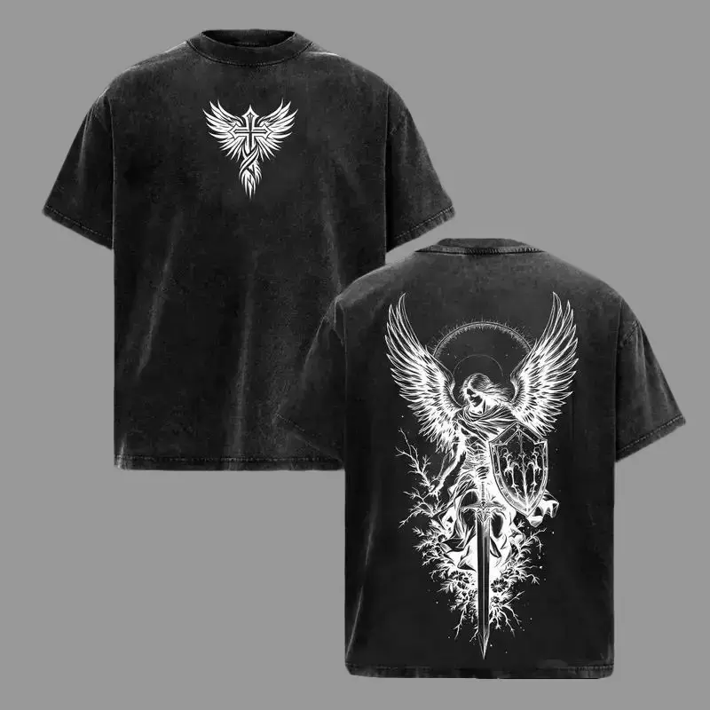 Men's Saint Michael the Archangel Premium Cotton Shortleeve T-Shirt - Vintage Washed, Loose-Fitting Crewneck, Spiritual Guardian Angel Print, Casual y2k Streetwear Top, Classic, Reinforced Tape, Cold Wash, Soft Shortsleeve, Oversized Relaxed Fit