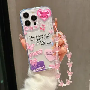 Butterfly & Heart Pattern Phone Case with Chain, Decorative Phone Protector Cover, Phone Accessories Compatible with iPhone 11 12 13 14 15 Pro Max, Protective