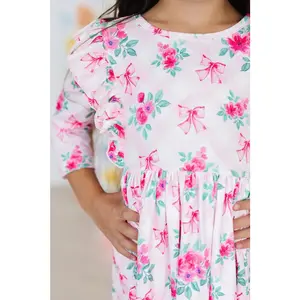 Gingham Bows 3/4 Sleeve Ruffle Twirl Dress