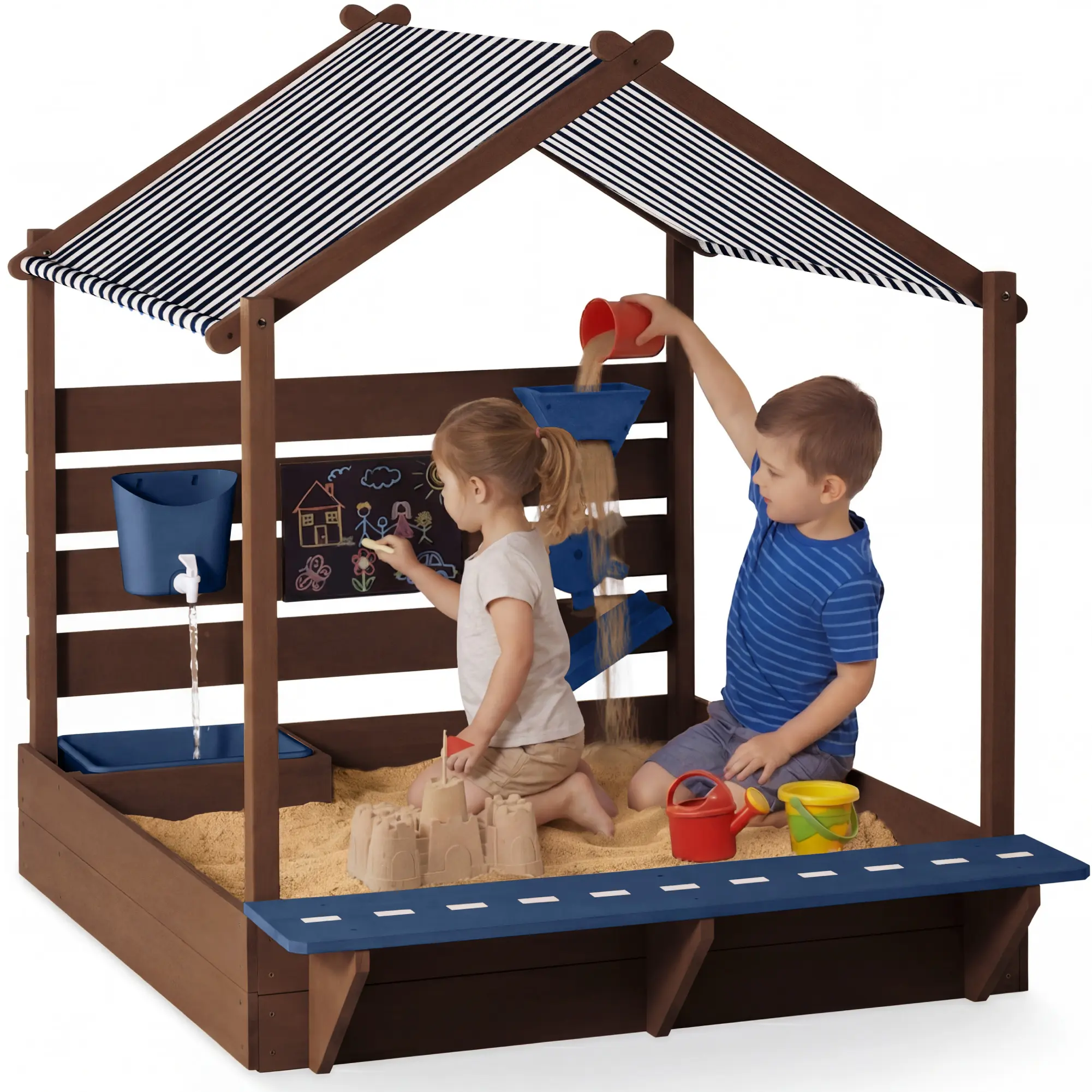 Best Choice Products Deluxe Wooden Sandbox with Canopy, Water Table, Bench Seat, Outdoor Kids Playset