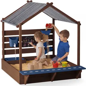 Best Choice Products Deluxe Wooden Sandbox with Canopy, Water Table, Bench Seat, Outdoor Kids Playset