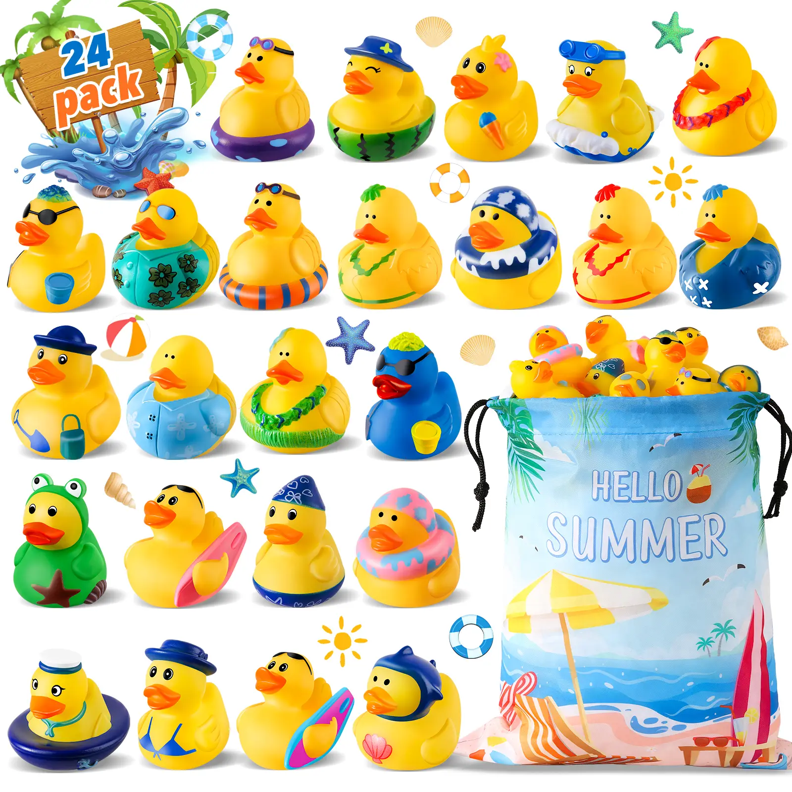 2025 24 Pcs Summer Poor Outdoor Ducks, Rubber Ducks for Summer Fun, Assorted Summer-Themed Ducks with Colorful Outfits, Perfect for Pool Parties, Kids